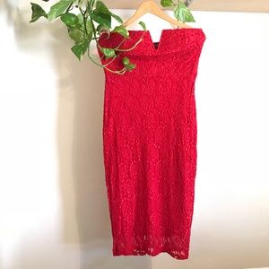 Red lace strapless dress